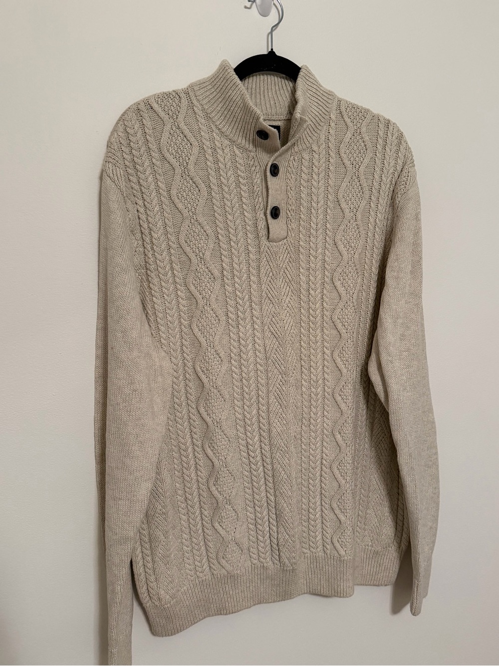 Chaps Oatmeal Cable Knit Sweater with 3 Buttons- Size XL. 100% Cotton Academia